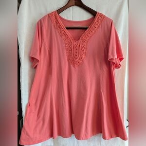 Woman Within Coral Crochet-Trim V-Neck Tunic